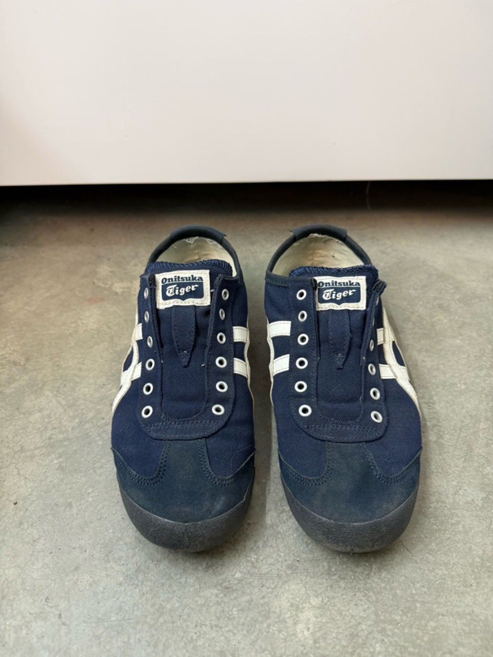 Onitsuka Tiger by Asics Navy and White Slip-On Sneakers with Red Sole Accent - Picture 4 of 8